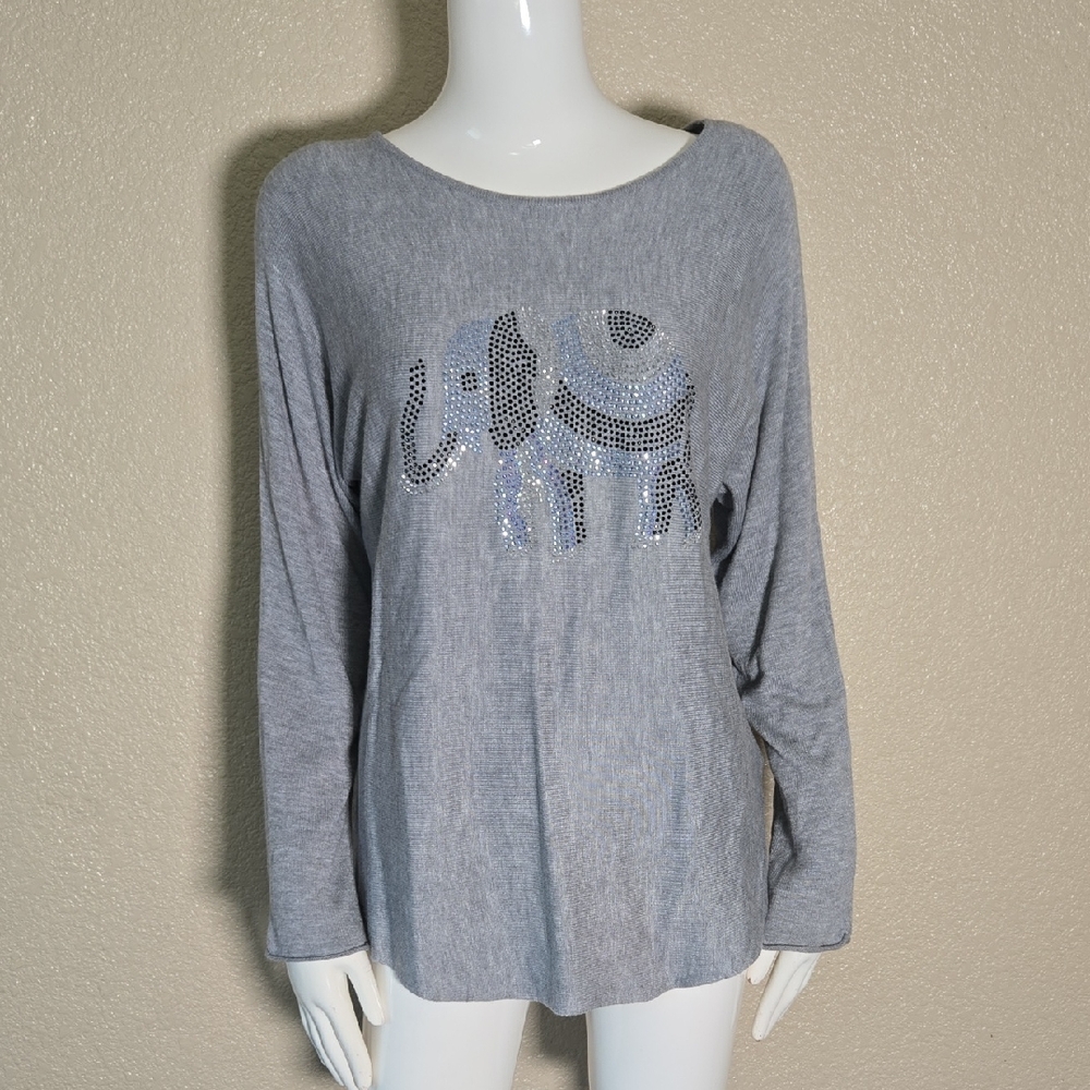 Rachel Zoe Gray Long Sleeve Top with Sparkling Elephant